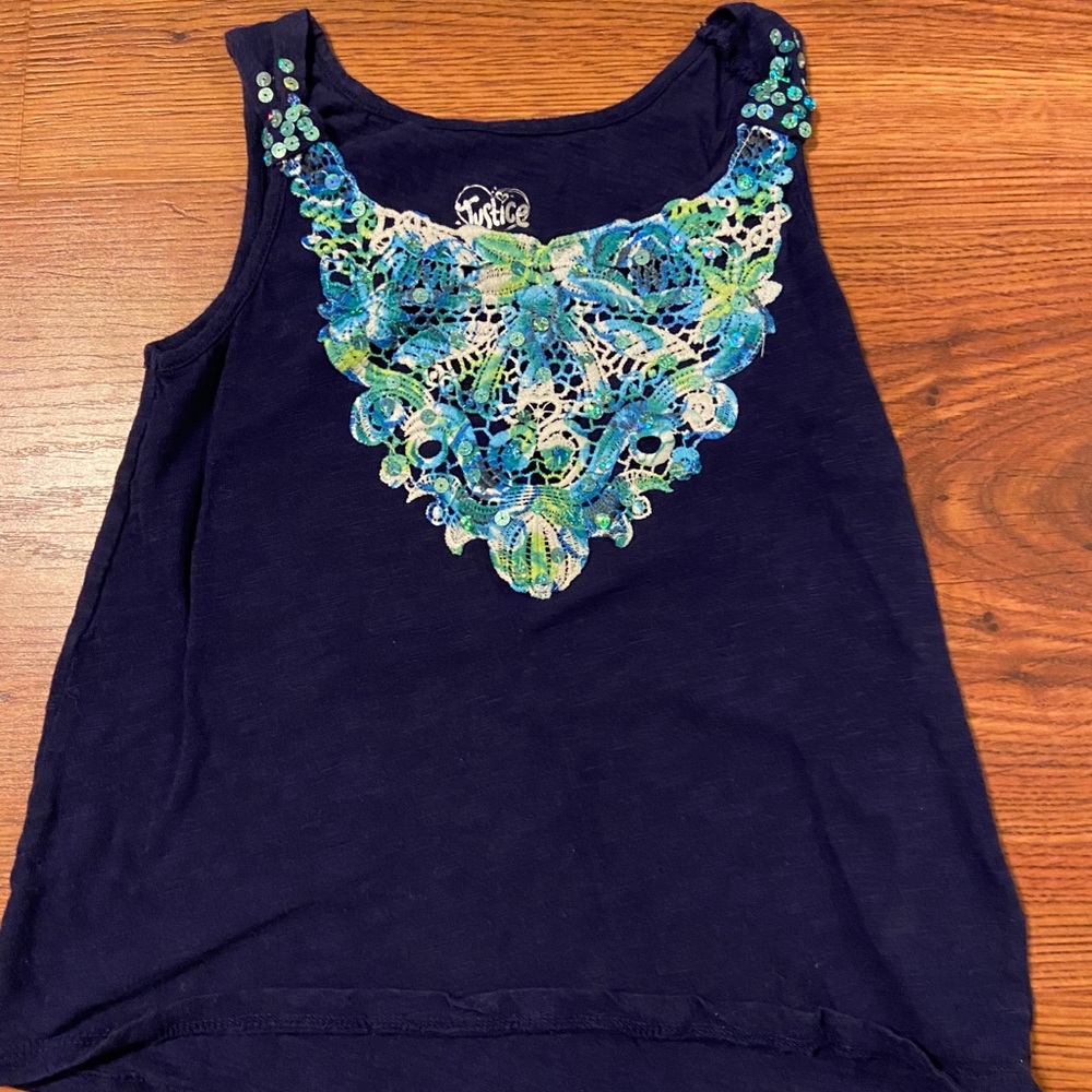 Justice Navy Tank with Crochet + Sequin Neckline